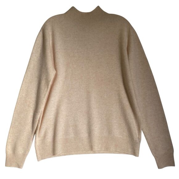 Merino Wool Sweater Women XL Oatmeal Mock Neck Old Money Quiet Luxury Minimalist - Picture 1 of 6